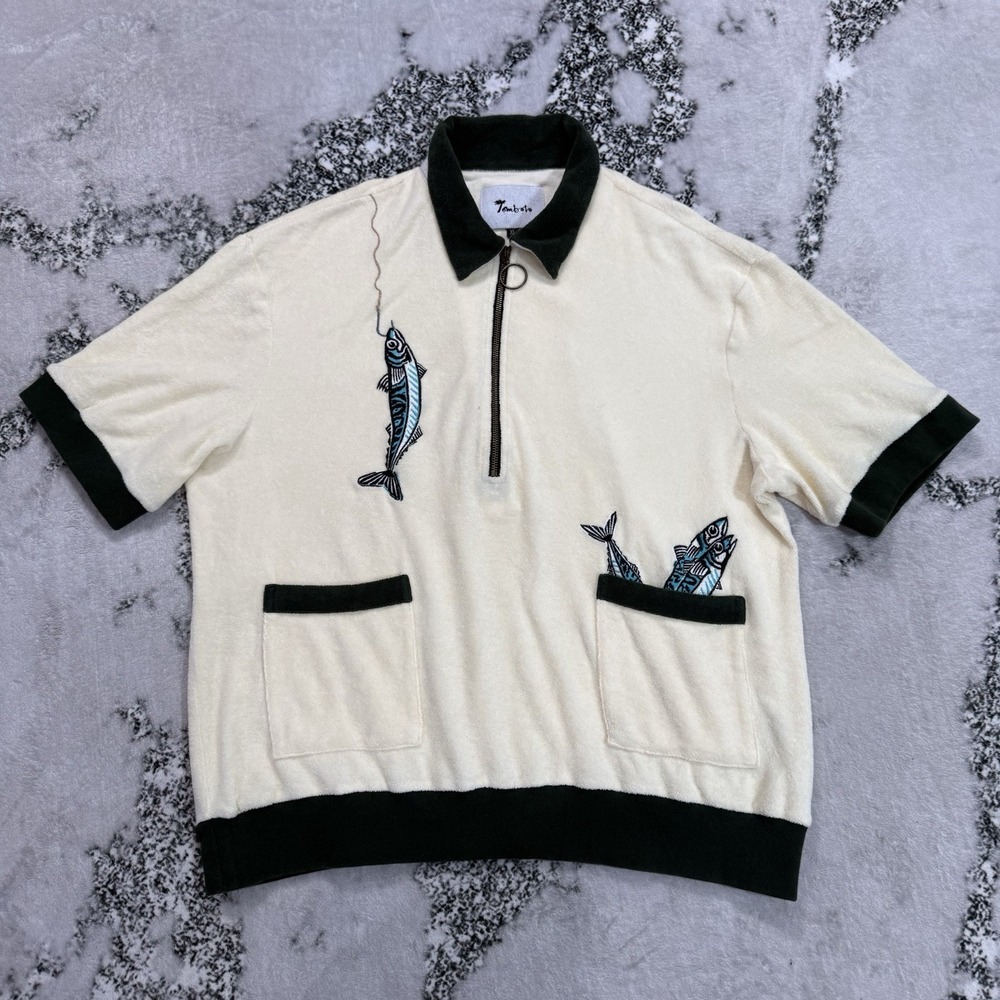 Tombolo Angler Cabana Shirt Mens Sz XL Terry Cloth Fish Embroidered Quarter Zip